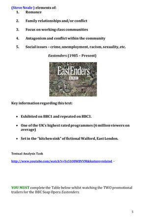 5
(Steve Neale ) elements of:
1. Romance
2. Family relationships and/or conflict
3. Focus on working class communities
4. Antagonism and conflict within the community
5. Social issues – crime,unemployment, racism,sexuality,etc.
Eastenders (1985 – Present)
Key informationregarding this text:
 Exhibited on BBC1 and repeated on BBC3.
 One of the UK’s highest ratedprogrammes (6millionviewers on
average)
 Set in the “kitchensink” of fictional Walford, East London.
Textual Analysis Task
http://www.youtube.com/watch?v=Ye51O8WBVVM&feature=related -
YOU MUST complete the Table below whilst watching the TWO promotional
trailers for the BBC Soap Opera Eastenders.
 
