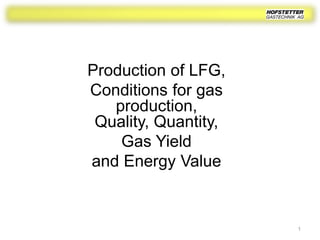 Production of LFG,
Conditions for gas
production,
Quality, Quantity,
Gas Yield
and Energy Value
1
 