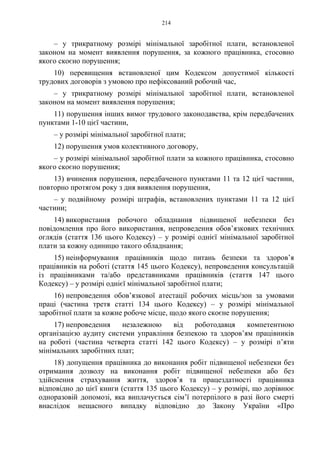214
– у трикратному розмірі мінімальної заробітної плати, встановленої
законом на момент виявлення порушення, за кожного працівника, стосовно
якого скоєно порушення;
10) перевищення встановленої цим Кодексом допустимої кількості
трудових договорів з умовою про нефіксований робочий час,
– у трикратному розмірі мінімальної заробітної плати, встановленої
законом на момент виявлення порушення;
11) порушення інших вимог трудового законодавства, крім передбачених
пунктами 1-10 цієї частини,
– у розмірі мінімальної заробітної плати;
12) порушення умов колективного договору,
– у розмірі мінімальної заробітної плати за кожного працівника, стосовно
якого скоєно порушення;
13) вчинення порушення, передбаченого пунктами 11 та 12 цієї частини,
повторно протягом року з дня виявлення порушення,
– у подвійному розмірі штрафів, встановлених пунктами 11 та 12 цієї
частини;
14) використання робочого обладнання підвищеної небезпеки без
повідомлення про його використання, непроведення обов’язкових технічних
оглядів (стаття 136 цього Кодексу) – у розмірі однієї мінімальної заробітної
плати за кожну одиницю такого обладнання;
15) неінформування працівників щодо питань безпеки та здоров’я
працівників на роботі (стаття 145 цього Кодексу), непроведення консультацій
із працівниками та/або представниками працівників (стаття 147 цього
Кодексу) – у розмірі однієї мінімальної заробітної плати;
16) непроведення обов’язкової атестації робочих місць/зон за умовами
праці (частина третя статті 134 цього Кодексу) – у розмірі мінімальної
заробітної плати за кожне робоче місце, щодо якого скоєне порушення;
17) непроведення незалежною від роботодавця компетентною
організацією аудиту системи управління безпекою та здоров’ям працівників
на роботі (частина четверта статті 142 цього Кодексу) – у розмірі п’яти
мінімальних заробітних плат;
18) допущення працівника до виконання робіт підвищеної небезпеки без
отримання дозволу на виконання робіт підвищеної небезпеки або без
здійснення страхування життя, здоров’я та працездатності працівника
відповідно до цієї книги (стаття 135 цього Кодексу) – у розмірі, що дорівнює
одноразовій допомозі, яка виплачується сім’ї потерпілого в разі його смерті
внаслідок нещасного випадку відповідно до Закону України «Про
 