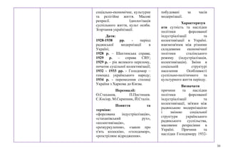 30
соціально-економічне, культурне
та релігійне життя. Масові
репресії. Ідеологізація
суспільного життя, культ особи.
Згортання українізації.
Дати:
1928-1938 рр. - період
радянської модернізації в
Україні;
1928 р. – Шахтинська справа;
1929 р. – справа СВУ;
1929 р. – рік великого перелому,
початок суцільної колективізації;
1932 - 1933 рр. - Голодомор –
геноцид українського народу;
1934 р. - перенесення столиці
України з Харкова до Києва.
Персоналії:
О.Стаханов, П.Постишев.
С.Косіор, М.Скрипник, Й.Сталін.
Поняття та
терміни:
«форсована індустріалізація»,
«стаханівський рух»,
«колективізація»,
«розкуркулення», «закон про
п'ять колосків», «голодомор»,
«розстріляне відродження».
побудовані за часів
модернізації.
Характеризув
ати сутність та наслідки
політики форсованої
індустріалізації та
колективізації в Україні.
взаємозв'язок між різними
складовими економічної
політики сталінського
режиму (індустріалізація,
колективізація). Зміни в
соціальній структурі
населення Особливості
суспільно-політичного та
культурного життя періоду.
Визначати
причини та наслідки
політики форсованої
індустріалізації та
колективізації, зв'язки між
радянською модернізацією
і зміною соціальної
структури українського
радянського суспільства,
масовими репресіями в
Україні. Причини та
наслідки Голодомору 1932-
 