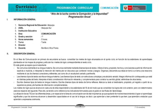 Programación Curricular Anual 1º de secundaria
1
“Año de la lucha contra la Corrupción y la Impunidad”
Programación Anual
I. INFORMACIÓN GENERAL
1. Gerencia Regional de Educación: Arequipa
2. UGEL : Arequipa Sur
3. Institución Educativo :
4. Área : COMUNICACIÓN
5. Grado y sección : 1º
6. Horas semanales : 5 horas
7. Turno : Tarde
8. Director :
9. Docente : Bonifacio Vilca Flores
II. DESCRIPCIÓN GENERAL
En el Área de Comunicación en primero de secundaria se busca consolidar los niveles de logro alcanzados en el quinto ciclo, en función de los estándares de aprendizajes
planteados en los mapas de progreso yarticular los niveles de logro correspondientes al sexto ciclo.
En este grado se espera que el estudiante:
- Se comunicaoralmenteensu lenguamaterna.Secomunicaoralmentemediantediversostiposde textos; infiereel tema,propósito,hechosy conclusionesapartirde información
explícita e implícita, e interpreta la intención del interlocutor en discursos que contienen ironías y sesgos. Organiza ydesarrolla sus ideas en torno a un tema ylas relaciona
mediante el uso de diversos conectores yreferentes, así como de un vocabulario variado ypertinente.
- Leediversos tiposde textos escritosenlenguamaterna.Leediversos tipos de texto con estructuras complejas yvocabulario variado. Integra información contrapuesta que está
en distintas partes del texto. Interpreta el texto considerando información relevante y complementaria para construir su sentido global, valiéndose de otros textos.
- Escribe diversos tipos de textos en lengua materna. Escribe diversos tipos de textos de forma reflexiva. Adecúa su texto al destinatario, propósito y el registro a partir de su
experiencia previa yde fuentes de información complementarias.
Los niveles de logro que se alcance en cada una de ellas responderán a los estándares del VI, de tal modo que se consolidan los logros del ciclo anterior, pero con determinados
avances respecto del siguiente. Para ello, se tendrá como referencia los indicadores formulados para el grado en las Rutas del Aprendizaje.
La utilizacióndelasTICsen las diferentesáreas, y en especialeneláreade comunicaciónsondevital importancia;ya queayudaránde maneratrascendentalalograrunaprendizaje
significativo y que los alumnos alcancen a desarrollar capacidades en el uso de la lengua, es decir, que aprendan a leer yentender lo que leen, que aprendan a redactar yque
aprendan a expresarse oralmente.
 