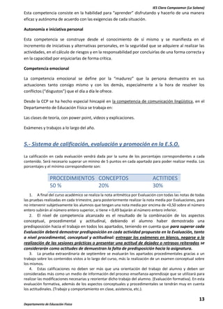 IES Clara Campoamor (La Solana)

Esta competencia consiste en la habilidad para “aprender” disfrutando y hacerlo de una manera
eficaz y autónoma de acuerdo con las exigencias de cada situación.
Autonomía e iniciativa personal
Esta competencia se construye desde el conocimiento de sí mismo y se manifiesta en el
incremento de iniciativas y alternativas personales, en la seguridad que se adquiere al realizar las
actividades, en el cálculo de riesgos y en la responsabilidad por concluirlas de una forma correcta y
en la capacidad por enjuiciarlas de forma crítica.
Competencia emocional
La competencia emocional se define por la “madurez” que la persona demuestra en sus
actuaciones tanto consigo mismo y con los demás, especialmente a la hora de resolver los
conflictos (“disgustos”) que el día a día le ofrece.
Desde la CCP se ha hecho especial hincapié en la competencia de comunicación lingüística, en el
Departamento de Educación Física se trabaja en:
Las clases de teoría, con power point, videos y explicaciones.
Exámenes y trabajos a lo largo del año.

5.- Sistema de calificación, evaluación y promoción en la E.S.O.
La calificación en cada evaluación vendrá dada por la suma de los porcentajes correspondientes a cada
contenido. Será necesario superar un minino de 5 puntos en cada apartado para poder realizar media. Los
porcentajes y el mínimo correspondiente son:

PROCEDIMIENTOS CONCEPTOS
50 %
20%

ACTITIDES
30%

1. A final del curso académico se realiza la nota aritmética por Evaluación con todas las notas de todas
las pruebas realizadas en cada trimestre, para posteriormente realizar la nota media por Evaluaciones, para
no intervenir subjetivamente los alumnos que tengan una nota media por encima de +0,50 sobre el número
entero subirán al número entero superior, si tiene + 0,49 bajarán al número entero inferior.
2. El nivel de competencia alcanzado es el resultado de la combinación de los aspectos

conceptual, procedimental y actitudinal, debiendo el alumno haber demostrado una
predisposición hacia el trabajo en todos los apartados, teniendo en cuenta que para superar cada
Evaluación deberá demostrar predisposición en cada actividad propuesta en la Evaluación, tanto
a nivel procedimental, conceptual y actitudinal: entregar los exámenes en blanco, negarse a la
realización de las sesiones prácticas o presentar una actitud de dejadez o retrasos reiterados se
considerarán como actitudes de demuestran la falta de predisposición hacia la asignatura.
3. La prueba extraordinaria de septiembre se evaluarán los apartados procedimentales gracias a un
trabajo sobre los contenidos vistos a lo largo del curso, más la realización de un examen conceptual sobre
los mismos.
4. Estas calificaciones no deben ser más que una orientación del trabajo del alumno y deben ser
consideradas más como un medio de información del proceso enseñanza-aprendizaje que se utilizará para
realizar las modificaciones necesarias y reorientar dicho trabajo del alumno. (Evaluación formativa). En esta
evaluación formativa, además de los aspectos conceptuales y procedimentales se tendrán muy en cuenta
los actitudinales. (Trabajo y comportamiento en clase, asistencia, etc.).

13
Departamento de Educación Física

 
