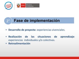  Desarrollo de proyecto: experiencias vivenciales.
 Realización de las situaciones de aprendizaje:
experiencias individuales y/o colectivas.
 Retroalimentación
Fase de implementación2°
 