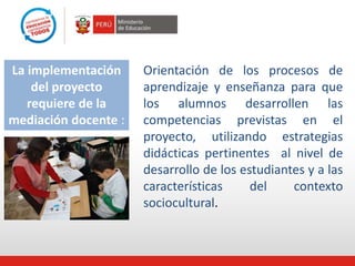 Orientación de los procesos de
aprendizaje y enseñanza para que
los alumnos desarrollen las
competencias previstas en el
proyecto, utilizando estrategias
didácticas pertinentes al nivel de
desarrollo de los estudiantes y a las
características del contexto
sociocultural.
La implementación
del proyecto
requiere de la
mediación docente :
 
