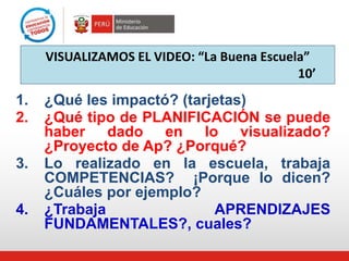 VISUALIZAMOS EL VIDEO: “La Buena Escuela”
10’
1. ¿Qué les impactó? (tarjetas)
2. ¿Qué tipo de PLANIFICACIÓN se puede
haber dado en lo visualizado?
¿Proyecto de Ap? ¿Porqué?
3. Lo realizado en la escuela, trabaja
COMPETENCIAS? ¡Porque lo dicen?
¿Cuáles por ejemplo?
4. ¿Trabaja APRENDIZAJES
FUNDAMENTALES?, cuales?
 