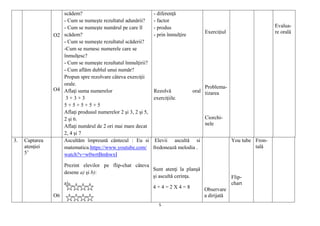 5
O2
O4
scădem?
- Cum se numeşte rezultatul adunării?
- Cum se numeşte numărul pe care îl
scădem?
- Cum se numeşte rezultatul scăderii?
-Cum se numesc numerele care se
înmulţesc?
- Cum se numeşte rezultatul înmulţirii?
- Cum aflăm dublul unui număr?
Propun spre rezolvare câteva exerciţii
orale.
Aflaţi suma numerelor
3 + 3 + 3
5 + 5 + 5 + 5 + 5
Aflaţi produsul numerelor 2 şi 3, 2 şi 5,
2 şi 6.
Aflaţi numărul de 2 ori mai mare decat
2, 4 şi 7
- diferenţă
- factor
- produs
- prin înmulţire
Rezolvă oral
exerciţiile.
Exercițiul
Problema-
tizarea
Ciorchi-
nele
Evalua-
re orală
3. Captarea
atenţiei
5’
O6
Ascultăm împreună cântecul : Eu si
matematica.https://www.youtube.com/
watch?v=w0wrtBmhwxI
Prezint elevilor pe flip-chat câteva
desene a) și b):
a)
Elevii ascultă si
fredonează melodia .
Sunt atenţi la planşă
şi ascultă cerinţa.
4 + 4 = 2 X 4 = 8 Observare
a dirijată
You tube
Flip-
chart
Fron-
tală
 