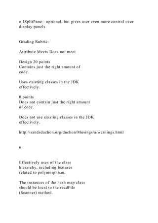 o JSplitPane - optional, but gives user even more control over
display panels
Grading Rubric:
Attribute Meets Does not meet
Design 20 points
Contains just the right amount of
code.
Uses existing classes in the JDK
effectively.
0 points
Does not contain just the right amount
of code.
Does not use existing classes in the JDK
effectively.
http://sandsduchon.org/duchon/Musings/a/warnings.html
6
Effectively uses of the class
hierarchy, including features
related to polymorphism.
The instances of the hash map class
should be local to the readFile
(Scanner) method.
 