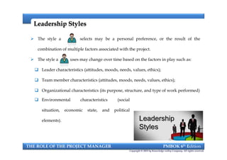  The style a PM selects may be a personal preference, or the result of the
combination of multiple factors associated with the project.
 The style a PM uses may change over time based on the factors in play such as:
 Leader characteristics (attitudes, moods, needs, values, ethics);
 Team member characteristics (attitudes, moods, needs, values, ethics);
 Organizational characteristics (its purpose, structure, and type of work performed)
Leadership StylesLeadership Styles
THE ROLE OF THE PROJECT MANAGER PMBOK 6th Edition
Copyright © 2018 by Knowledge valley Company. All rights reserved.
 The style a PM selects may be a personal preference, or the result of the
combination of multiple factors associated with the project.
 The style a PM uses may change over time based on the factors in play such as:
 Leader characteristics (attitudes, moods, needs, values, ethics);
 Team member characteristics (attitudes, moods, needs, values, ethics);
 Organizational characteristics (its purpose, structure, and type of work performed)
 Environmental characteristics (social
situation, economic state, and political
elements).
 