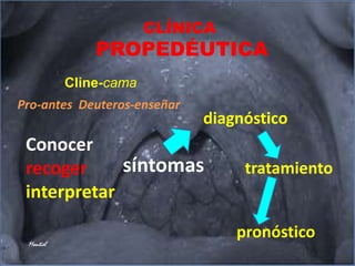 CLÍNICA PROPEDÉUTICA Cline-cama Pro-antes Deuteros-enseñar diagnóstico Conocer recoger interpretar síntomas tratamiento pronóstico Montiel 