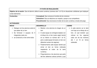 2ª ETAPA DE REALIZACIÓN
Objetivo de la sesión: Que el alumno utilice la serie numérica (números del 1 al 10) en situaciones cotidianas que impliquen
contar elementos.
Contenidos                               Conceptual: Que conozca el nombre de los números
                                         Actitudinal: Que se relacione con respeto y apoye a sus compañeros
                                         Procedimental: Que reconozca el orden de la serie numérica a través del juego.
ACTIVIDADES
INICIO                                   DESARROLLO                                           CIERRE
    Dialogar con los alumnos sobre lo        Mostrar a los alumnos la imagen de un             A cada alumno se le dará
      que saben de un tren                      tren                                              una hoja con el dibujo de un
    Se formaran 3 equipos de 5               A cada equipo se entregara tarjetas con            tren, al cual tendrán que
      integrantes cada uno.                     el dibujo de un tren (cada vagón tendrá           colocar   en    los    vagones
    se construirá un tren entre todos          en su interior un número del 1 al 10,             cada uno de los números
                                                pero a cada equipo le tocara un tren con          del   1   al   10     en   forma
                                                diferente numero de vagones)                      ordenada.
                                              Posteriormente cada equipo tendrá que
                                                armar   el   tren   en   forma   ordenada
                                                respetando    el    orden   de   la   serie
                                                numérica.
                                              Preguntaremos a los alumnos que parte
                                                del tren debemos colocar primero y que
 