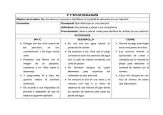 2ª ETAPA DE REALIZACIÓN
Objetivo de la sesión: Que los alumnos comparen e identifiquen la cantidad de elementos en una colección.
Contenidos                                           Conceptual: Que defina que es una colección
                                                     Actitudinal: Que participe y apoye a sus compañeros
                                                     Procedimental: Llevar a cabo el conteo para identificar la cantidad de una colección
                                                                 ACTIVIDADES
                 INICIO                                             DESARROLLO                                     CIERRE
    Dialogar con los niños acerca de                    En una tina con agua colocar 20                 Ganará el juego quien logre
      los      pescados,            de         sus         pececitos de colores                             sacar más peces de la tina
      características y del lugar donde                  Se explicara a los niños que el juego           Los    alumnos    tendrán   la
      viven.                                               consiste en sacar los pececitos del agua         oportunidad de contar y
    Presentar una        lámina         con    la         con un palo de madera simulando una              manipular por si mismos los
      imagen       de     un        pescador,              caña de pescar.                                  peces para relacionar la
      cuestionar a los niños sobre lo                    Se     formaran    equipos       de   cuatro      cantidad de objetos con el
      observado.                                           elementos      para     acomodar        los      número.
    Y preguntarles si a ellos les                         materiales de esta actividad.                  Cada niño dibujara en una
      gustaría   realizar      la    actividad           Se colocara la tina en una mesa y se              hoja el número de peces
      observada.                                           marcara una raya a un metro de                   que logro pescar.
    De acuerdo a sus respuestas se                        distancia la cual indicara el lugar donde
      procede a explicarles de que se                      se pararan los alumnos para sacar los
      tratara la siguiente actividad.                      peces del agua.
 