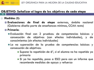LEY ORGÁNICA PARA LA MEJORA DE LA CALIDAD EDUCATIVA

OBJETIVO: Señalizar el logro de los objetivos de cada etapa
33



Medidas (I):
 Evaluaciones de final de etapa externas, ámbito nacional
(Gobierno diseña parte de enseñanzas mínimas, CCAA resto)
 Primaria:
 Evaluación final con 2 pruebas: de competencias básicas y
consecución de objetivos (con efectos individuales), y de
conocimientos (sin efectos individuales)
 La no superación de la prueba de competencias básicas y
consecución de objetivos:
 Supone la repetición de 6º, si el alumno no ha repetido ya
primaria
 Si ya ha repetido, pasa a ESO pero con un informe que
recomiende medidas de apoyo y refuerzo

 