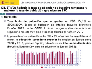 LEY ORGÁNICA PARA LA MEJORA DE LA CALIDAD EDUCATIVA

OBJETIVO: Reducir la tasa de abandono educativo temprano y
mejorar la tasa de población que alcanza ESO
9



Datos (II):
 Tasa bruta de población que se gradúa en ESO: 74,1% en
2008/2009. Según el borrador de informe Encuesta Económica
España 2012 de la OCDE, la tasa de graduación de educación
secundaria ha sido muy baja y apenas alcanza el 75% en 2010
 El porcentaje de población entre 20 y 24 años que ha completado al
menos la educación secundaria superior ha crecido en Europa entre
2000 y 2010, pero en España, además de ser inferior, ha disminuido
(Eurydice/Eurostat Key data on education in Europe 2012):

 