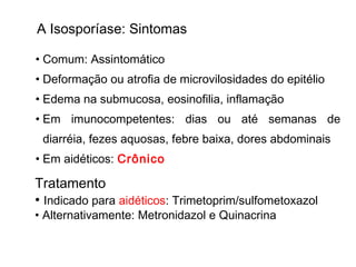 A Isosporíase: Sintomas
• Comum: Assintomático
• Deformação ou atrofia de microvilosidades do epitélio
• Edema na submucosa, eosinofilia, inflamação
• Em imunocompetentes: dias ou até semanas de
diarréia, fezes aquosas, febre baixa, dores abdominais
• Em aidéticos: Crônico
Tratamento
• Indicado para aidéticos: Trimetoprim/sulfometoxazol
• Alternativamente: Metronidazol e Quinacrina
 