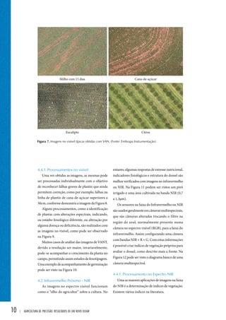 Figura 7. Imagens no visível típicas obtidas com VAN. (Fonte: Embrapa Instrumentação). 
10 | Agricultura de precisão: resultados de um novo olhar 
entanto, algumas respostas de estresse nutricional, 
indicadores fisiológicos e estrutura do dossel são 
melhor verificados com imagens no infravermelho 
ou NIR. Na Figura 11 podem ser vistos um pivô 
irrigado e uma área cultivada na banda NIR (0,7 
a 1,3μm). 
Os sensores na faixa do Infravermelho ou NIR 
são usados geralmente em câmeras multiespectrais, 
que são câmeras alteradas trocando o filtro na 
região do azul, normalmente presente numa 
câmera no espectro visível (RGB), para a faixa do 
infravermelho. Assim configurando uma câmera 
com bandas NIR + R + G. Com estas informações 
é possível criar índices de vegetação próprios para 
avaliar o dossel, como descrito mais a frente. Na 
Figura 12 pode ser visto o diagrama básico de uma 
câmera multiespectral. 
4.4.1. Processamento no Espectro NIR 
Uma as maiores aplicações de imagens na faixa 
do NIR é a determinação de índices de vegetação. 
Existem vários índices na literatura. 
4.4.1. Processamentos no visível 
Uma vez obtidas as imagens, as mesmas pode 
ser processadas individualmente com o objetivo 
de reconhecer falhas graves de plantio que ainda 
permitem correção, como por exemplo, falhas na 
linha de plantio de cana-de-açúcar superiores a 
50cm, conforme demonstra a imagem da Figura 8. 
Alguns processamentos, como a identificação 
de plantas com alterações espectrais, indicando, 
ou estádio fenológico diferente, ou alteração por 
alguma doença ou deficiência, são realizados com 
as imagens no visível, como pode ser observado 
na Figura 9. 
Muitos casos de análise das imagens de VANT, 
devido a resolução ser maior, invariavelmente, 
pode-se acompanhar o crescimento da planta no 
campo, permitindo assim estudos de fenotipagem. 
Uma exemplo de acompanhamento de germinação 
pode ser visto na Figura 10. 
4.2. Infravermelho Próximo - NIR 
As imagens no espectro visível funcionam 
como o “olho do agricultor” sobre a cultura. No 
 