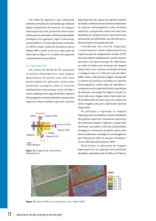 12 | Agricultura de precisão: resultados de um novo olhar 
hiperespectrais são capazes de registrar centenas 
de bandas contínuas através de diversas dimensões 
do espectro eletromagnético (alta resolução 
espectral), o que permite contar com uma curva 
detalhada do comportamento espectral de área 
monitorada possibilitando sua identificação e 
discriminação com grande precisão. 
Considerada uma área de vanguarda, 
o sensoriamento remoto hiperespectral ou 
espectroscopia de imageamento usando VANT 
tem como objetivo fundamental o uso dos mesmos 
princípios da espectroscopia de reflectância 
na coleta de dados para formação de imagens 
(hipercubo) com centenas de bandas estreitas 
e contíguas entre si (~0.02 μm) (van der Meer, 
2000). Assim, cada pixel da imagem corresponde 
a centenas de posições ou bandas no espectro 
eletromagnético, sendo capaz de reproduzir a 
assinatura ou curva espectral do alvo e suas feições 
de absorção associadas Na Figura 14 pode ser 
observada uma imagem típica hiperespectral. 
Na verdade pode ser vista como um conjunto de 
várias imagens, uma para cada banda espectral 
(hipercubo). 
Na aplicação à vegetação, as imagens 
hiperespectrais possibilitam estudos detalhados 
dos padrões espectrais (assinaturas espectrais) 
das coberturas vegetais e espécies, os quais estão 
altamente associados a diversas propriedades 
fisiológicas e estruturais da planta, assim como 
fatores ambientais, fenológicos e antropogênicos 
que influenciam sobre as mesmas (Varshney e 
Arora, 2004; Research Systems, 2005). 
Desta forma, as aplicações de imagens 
hiperespectrais na vegetação tem permitido 
identificar a abundância de clorofila a e b (Clevers, 
Um índice de vegetação é uma combinação 
aritmética entre duas ou mais bandas que evidencia 
algum componente de interesse. As imagens 
multiespectrais tem permitido desenvolver 
índices que são associados a diversas propriedades 
fisiológicas da vegetação (vigor, senescência, 
estresse hídrico). Um dos índices mais conhecidos 
é o NDVI, criado a partir de aritméticas com as 
bandas NIR e visível, ou R ou G, como pode ser 
observado na Figura 13. O valores são pequenos 
e representam estresse hídrico. 
4.3. Hiperespectral 
No começo da década de 90 começaram 
os sensores hiperespectrais, cujas imagens 
demostraram em poucos anos uma vasta 
potencialidade de aplicações, assim como 
numerosas vantagens sobre os sensores 
multiespectrais convencionais. Se por um lado o 
sensor multiespectral é capaz de dividir o espectro 
eletromagnético em poucas bandas ou proporções 
espectrais (baixa resolução espectral), sensores 
Figura 12. Diagrama de uma Câmera 
Multiespectral 
Figura 13. Estresse hídrico em vitinicultura com o índice NDVI 
 