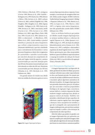 sensores hiperespectrais aéreos e espaciais. Como 
exemplo, a concentração de nitrogênio foliar tem 
sido obtida usando imagens AVIRIS (Airborne 
Visible/Infrared Imaging Spectrometer), HyMap 
e Hyparion (Johnson et al., 1994; Matson et al., 
1994; La Capra et al., 1996; Martin e Aber 
1997) e a lignina, entre outros bioquímicos, 
tem sido quantificados usando dados AVIRIS 
(Johnson et al., 1994). 
Entre os atributos biofísicos que podem 
ser obtidos usando imagens hiperespectrais 
se incluem medidas foliares e cobertura de 
vegetal (Spanner et al., 1990a; Spanner et al., 
1990b; Gong et al., 1995), da fração da radiação 
fotosintéticamente activa (Gamon et al., 1992; 
Gamon et al., 1997) e medições e relacionadas à 
arquitetura do dossel vegetal (Asner et al., 1999). 
Outras aproximações para obter propriedades 
biofísicas a partir da refletância espectral incluem 
o emprego de modelos de radiação do dossel 
(Ustin et al., 2001) e o uso de índices de vegetação 
(Treitz y Howarth, 1999). 
4.4.1. Processamento Hiperespectral 
A imagem hiperespectral é um hipercubo de 
dados, geralmente da ordem de GBytes, que possui 
resolução suficiente para avaliar espectralmente 
os alvos com bastante precisão. No entanto, por 
se tratar de um dado multidimensional volumoso, 
é necessário aplicar algoritmos automáticos de 
detecção de padrões. As imagens hiperespectrais 
tem permitido desenvolver perto de 150 índices 
que são associados a diversas propriedades 
fisiológicas da vegetação (vigor, senescência, 
estresse hídrico), a maioria impossível de obter 
mediante imagens multiespectrais, devido ao 
pequeno número de bandas. Também, tem 
permitido a identificação de tipos específicos de 
coberturas e espécies vegetais, bem como pragas 
e doenças e áreas susceptíveis de incêndios, o 
que não é conseguido com o processamento de 
imagens multiespectrais, pois sua baixa resolução 
espectral impede a análise e discriminação de 
comprimentos de onda específicos. 
Além dos índices que podem ser gerados com 
as imagens hiperespectrais, por apresentar um 
espectro completo para cada pixel da imagem, estão 
sendo aplicados algoritmos de mineração de dados 
para buscar as características e assinaturas padrões 
Ferramentas para Agricultura de Precisão | 13 
1994; Gitelson e Merzlyak, 1997), nitrógenos 
(Curran 1989; Matson et al., 1994; Gastellu – 
Etchegorry et al., 1995; Fourty et al., 1996; Johnson 
y Billow, 1996; Serrano et al., 2002) carbono 
(Ustin et al., 2001), celulose (Zagolski et al., 1996; 
Daughtry, 2001; Daughtry et al., 2004), lignina 
(Gastellu – Etchegorry et al., 1995; Fourty et al., 
1996; Serrano et al., 2002), antocianina, amido 
(Curran et al., 1992; Serrano et al., 2000; 
Gitelson et al., 2001), água (Hunt y Rock, 1989; 
Gao, 1995; Ceccato et al., 2001; Jackson et al., 
2004 ) e sideroxinol – A (Blackburn, 1999; 
Ebbers et al., 1992). Assim também, é possível 
identificar a presença de outros bioquímicos 
que exibem comportamentos espectrais 
claramente identificáveis e que tem contribuído 
para o entendimento da fotossíntese e outros 
processos bioquímicos, dentro eles os pigmentos 
de carotenóides e xantofila (caracterizados 
por uma forte absorção nos comprimentos de 
onda azul (região visível do espectro), caroteno 
(caracterizados por uma forte absorção perto 
dos 450 nm), fitocianina (caracterizados por uma 
forte absorção ao redor dos 620 nm), fitoeritrina 
(caracterizados por forte absorção nos 550 nm) 
(Peñuelas et al., 1995; Merzlyak et al., 1999; 
Gitelson et al., 2002). 
Um grande número de estudos tem obtido 
êxito nas medidas dos elementos químicos com os 
Figura 14. Imagem hiperespectral típica. 
 