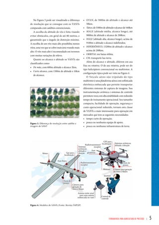 • OTAN, de 3000m de altitude e alcance até 
50km; 
• Tático, de 5500m de altitude e alcance de 160km 
• MALE (altitude média, alcance longo), até 
9000m de altitude e alcance de 200km; 
• HALE (altitude alta, alcance longo), acima de 
9100m e altitude e alcance indefinidos; 
• HIPERSÔNICO, 15200m de altitude e alcance 
acima de 200km; 
• ORBITAL em baixa órbita; 
• CIS, transporte lua-terra. 
Além do alcance e altitude, diferem em asa 
fixa ou rotativa. O de asa rotativa, pode ser do 
tipo helicóptero convencional ou multirotor. A 
configuração típica pode ser vista na Figura 4. 
O Veiculo aéreo não tripulado do tipo 
multirotor é uma plataforma aérea com sofisticada 
eletrônica embarcada que permite transportar 
diferentes sistemas de captura de imagens. Sua 
instrumentação aviônica e sistemas de controle 
permitem voos com alta estabilidade com reduzido 
tempo de treinamento operacional. Seu tamanho 
compacto, facilidade de operação, segurança e 
custo operacional reduzido, tornam esta classe 
de VANTs a mais interessante para operação em 
mercados que tem as seguintes necessidades: 
• tempo curto de operação; 
• pouca ou nenhuma equipe de apoio; 
• pouca ou nenhuma infraestrutura de terra; 
Ferramentas para Agricultura de Precisão | 5 
Na Figura 3 pode ser visualizado a diferença 
de resolução que se consegue com os VANTs 
comparada com satélites convencionais. 
A escolha da altitude de vôo é feita visando 
evitar obstáculos, em geral de até 80 metros, e 
garantindo que o ângulo de distorção mínimo. 
A escolha de um vôo mais alto possibilita menos 
vôos, uma vez que se cobre mais área voando mais 
alto. O vôo mais alto é recomendado em terrenos 
com muitas variações de relevo. 
Quanto ao alcance e altitude os VANTs são 
classificados como: 
• De mão, com 600m altitude e alcance 2km; 
• Curto alcance, com 1500m de altitude e 10km 
de alcance; 
Figura 3. Diferença de resolução entre satélite e 
imagem de VANT 
Figura 4. Modelos de VANTs (Fonte: Revista FAPESP) 
 
