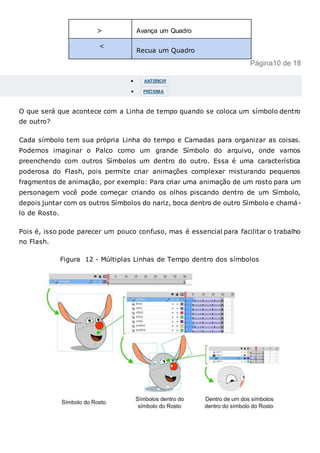 > Avança um Quadro
<
Recua um Quadro
Página10 de 18
 ANTERIOR
 PRÓXIMA
O que será que acontece com a Linha de tempo quando se coloca um símbolo dentro
de outro?
Cada símbolo tem sua própria Linha do tempo e Camadas para organizar as coisas.
Podemos imaginar o Palco como um grande Símbolo do arquivo, onde vamos
preenchendo com outros Símbolos um dentro do outro. Essa é uma característica
poderosa do Flash, pois permite criar animações complexar misturando pequenos
fragmentos de animação, por exemplo: Para criar uma animação de um rosto para um
personagem você pode começar criando os olhos piscando dentro de um Símbolo,
depois juntar com os outros Símbolos do nariz, boca dentro de outro Símbolo e chamá-
lo de Rosto.
Pois é, isso pode parecer um pouco confuso, mas é essencial para facilitar o trabalho
no Flash.
Figura 12 - Múltiplas Linhas de Tempo dentro dos símbolos
 