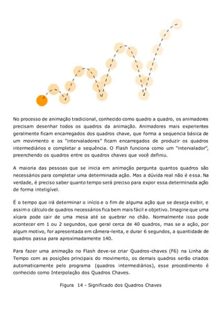No processo de animação tradicional, conhecido como quadro a quadro, os animadores
precisam desenhar todos os quadros da animação. Animadores mais experientes
geralmente ficam encarregados dos quadros chave, que forma a sequencia básica de
um movimento e os “intervaladores” ficam encarregados de produzir os quadros
intermediários e completar a sequência. O Flash funciona como um “intervalador”,
preenchendo os quadros entre os quadros chaves que você definiu.
A maioria das pessoas que se inicia em animação pergunta quantos quadros são
necessários para completar uma determinada ação. Mas a dúvida real não é essa. Na
verdade, é preciso saber quanto tempo será preciso para expor essa determinada ação
de forma inteligível.
É o tempo que irá determinar o início e o fim de alguma ação que se deseja exibir, e
assim o cálculo de quadros necessários fica bem mais fácil e objetivo. Imagine que uma
xícara pode cair de uma mesa até se quebrar no chão. Normalmente isso pode
acontecer em 1 ou 2 segundos, que geral cerca de 40 quadros, mas se a ação, por
algum motivo, for apresentada em câmera-lenta, e durar 6 segundos, a quantidade de
quadros passa para aproximadamente 140.
Para fazer uma animação no Flash deve-se criar Quadros-chaves (F6) na Linha de
Tempo com as posições principais do movimento, os demais quadros serão criados
automaticamente pelo programa (quadros intermediários), esse procedimento é
conhecido como Interpolação dos Quadros Chaves.
Figura 14 - Significado dos Quadros Chaves
 