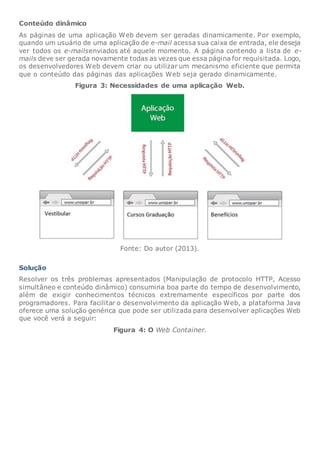 Conteúdo dinâmico
As páginas de uma aplicação Web devem ser geradas dinamicamente. Por exemplo,
quando um usuário de uma aplicação de e-mail acessa sua caixa de entrada, ele deseja
ver todos os e-mailsenviados até aquele momento. A página contendo a lista de e-
mails deve ser gerada novamente todas as vezes que essa página for requisitada. Logo,
os desenvolvedores Web devem criar ou utilizar um mecanismo eficiente que permita
que o conteúdo das páginas das aplicações Web seja gerado dinamicamente.
Figura 3: Necessidades de uma aplicação Web.
Fonte: Do autor (2013).
Solução
Resolver os três problemas apresentados (Manipulação de protocolo HTTP, Acesso
simultâneo e conteúdo dinâmico) consumiria boa parte do tempo de desenvolvimento,
além de exigir conhecimentos técnicos extremamente específicos por parte dos
programadores. Para facilitar o desenvolvimento da aplicação Web, a plataforma Java
oferece uma solução genérica que pode ser utilizada para desenvolver aplicações Web
que você verá a seguir:
Figura 4: O Web Container.
 