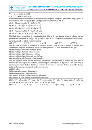 Prof. Milton Araújo cursoanpad@yahoo.com.br
VI. e e f estão só em B.
VIII. 2, 3 e 4 estão em A e B.
Considerando-se essas informações e sabendo-se que apenas a resposta apresentada na posição VII
estava errada, uma das opções para a composição dos conjuntos A e B é
a) { }gcbaA ,,,,3,2,1= e { }fedB ,,,4,3=
b) { }baA ,,4,3,2,1= e { }fedcB ,,,,4,3,2=
c) { }cbaA ,,,4,3,2,1= e { }fedB ,,,4,3,2=
d) { }dcbaA ,,,,3,2,1= e { }fedB ,,,4,3,2,1=
e) { }ecbaA ,,,,4,3,2,1= e { }fedcB ,,,,4,3,2,1=
17) Dado que a proposição P é verdadeira, Q é falsa e R é verdadeira, pode-se afirmar que as
proposições compostas ( )RQP ∧→ , ( )RPQ ∧→ e ( )QPR ∨→ têm como valores-verdade (V,
se verdadeiro; F se falso), respectivamente,
a) F V V b) F V F c) V V F d) V F V e) V V V
18) Se uma avaliação é periódica, é também atuante, mas se ela é atuante, é eficaz. Em
determinada empresa, a avaliação não-eficaz é não-periódica. Assim, pode-se concluir que,
a) se a avaliação é atuante, ela não é eficaz.
b) se a avaliação é eficaz, ela é periódica.
c) se a avaliação é periódica, ela é eficaz.
d) se a avaliação é periódica, ela não é eficaz.
e) se a avaliação não é atuante, ela é periódica.
19) No segundo andar de um prédio de determinada universidade, o número de cada sala é
formado por dois algarismos distintos, usando-se para tanto apenas os dígitos de 3 a 9. sabe-se que
as salas pares ficam do lado direito do corredor de acesso e as ímpares, do lado esquerdo. Assim,
pode-se afirmar que, no segundo andar desse prédio,
a) há 21 salas.
b) há mais salas ímpares do que pares.
c) há mais salas pares do que ímpares.
d) o número de salas do lado direito do corredor é 12.
e) o número de salas do lado esquerdo do corredor é 12.
20) Se abcW = , então mnpW ≠ . Se mnpW ≠ , então ijkW = . Por outro lado, abcW = ou
10=W . Se 10=W , então 0=+ ZW . Ora, 0≠+ ZW , logo,
a) 0≠W b) ijkW = c) abcW ≠ d) mnpW = e) 0=+ ZW
 