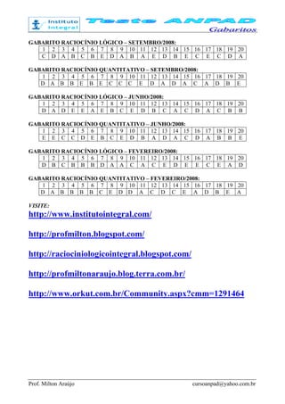 Prof. Milton Araújo cursoanpad@yahoo.com.br
GABARITO RACIOCÍNIO LÓGICO – SETEMBRO/2008:
1 2 3 4 5 6 7 8 9 10 11 12 13 14 15 16 17 18 19 20
C D A B C B E D A B A E D B E C E C D A
GABARITO RACIOCÍNIO QUANTITATIVO – SETEMBRO/2008:
1 2 3 4 5 6 7 8 9 10 11 12 13 14 15 16 17 18 19 20
D A B B E B E C C C E D A D A C A D B E
GABARITO RACIOCÍNIO LÓGICO – JUNHO/2008:
1 2 3 4 5 6 7 8 9 10 11 12 13 14 15 16 17 18 19 20
D A D E E A E B C E D B C A C D A C B B
GABARITO RACIOCÍNIO QUANTITATIVO – JUNHO/2008:
1 2 3 4 5 6 7 8 9 10 11 12 13 14 15 16 17 18 19 20
E E C C D E B C E D B A D A C D A B B E
GABARITO RACIOCÍNIO LÓGICO – FEVEREIRO/2008:
1 2 3 4 5 6 7 8 9 10 11 12 13 14 15 16 17 18 19 20
D B C B B B D A A C A C E D E E C E A D
GABARITO RACIOCÍNIO QUANTITATIVO – FEVEREIRO/2008:
1 2 3 4 5 6 7 8 9 10 11 12 13 14 15 16 17 18 19 20
D A B B B B C E D D A C D C E A D B E A
VISITE:
http://www.institutointegral.com/
http://profmilton.blogspot.com/
http://raciociniologicointegral.blogspot.com/
http://profmiltonaraujo.blog.terra.com.br/
http://www.orkut.com.br/Community.aspx?cmm=1291464
 