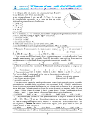 5
8) O triângulo ABC está inscrito em uma circunferência de centro
O cujo diâmetro mede 20 cm. Considerando
se que a corda AB mede 10 cm e que √3 = 1,73 e π = 3,14, a área
da circunferência, subtraindo- se o valor da área da região
sombreada, corresponde a aproximadamente
a) 314,00 cm
b) 270,75 cm
c) 227,50 cm
d) 86,50 cm
e) 43,25 cm
9) Se os números x, y, z e w constituem, nessa ordem, uma progressão geométrica de termos reais e
positivos, então log , log , log e log nessa ordem,
a) constituem uma PA.
b) constituem uma PG.
c) não constituem PA nem PG.
d) estabelecem uma sucessão que tem termos em PA e PG.
e) não são identificáveis com relação à constituição de uma PA ou de uma PG.
10) O conjunto de todos os valores de a para os quais o sistema
4 + = 2
+ = 1
não tem solução é
a) {-1; 1} b) {-2; 2} c) {-2; 0; 2}
d) {a ∈ R| -2 < a e a > 2} e) {a ∈ R| -2 < a < 2}
11) Uma empresa tem 100 funcionários, dentre os quais exatamente cinco são advogados. Foram
sorteados aleatoriamente (sem reposição) 5 dos 100 funcionários para participar de um curso de
aperfeiçoamento. A probabilidade de que os cinco advogados sejam sorteados é de
a)
! !
!
b)
!
!
c) d) 1/20 e) 0,01
12) A tabela abaixo mostra o crescimento do faturamento anual de certa empresa ao longo de seis
anos.
Tempo (anos) 1 2 3 4 5 6
Faturamento Anual (R$) 30.000 36.000 43.200 51.840 62.208 74.649,60
Com base nos dados fornecidos pela tabela, pode-se afirmar que o crescimento é
a) linear, com variação média de 6.000 b) linear, com variação crescente
c) nem linear e nem geométrico d) geométrico, de razão 0,8
e) geométrico, de razão 1,2
13) Maria aprendeu, ma escola, grandezas diretamente proporcionais e decidiu colocar em prática
o conhecimento adquirido. Foi a um orfanato com uma quantia de R$ 1.000,00 e a distribuiu de
forma diretamente proporcional às idades das três crianças mais velhas que lá se encontravam.
Marta, Vinícius e Paula são os mais velhos e têm, respectivamente, as seguintes idades: 10 anos,
11 meses e 20 dias; 10 anos, 8 meses e 10 dias; e 10 anos, 1 mês e 20 dias. Considerando-se 1 mês
= 30 dias e 1 ano = 12 meses, pode-se afirmar que Marta recebeu, aproximadamente,
a) R$ 538,00 b) R$ 345,00 c) R$ 336,00 d) R$ 318,00 e) R$ 233,00
14) O preço médio (por unidade) de certo produto varia com o tempo de acordo com a função
( ) = 80 + √3 , em que t é um número natural que representa os meses de um dado
ano e ( ) corresponde ao preço médio, em reais, de venda no mês t. Considerando que t = 1 é o
mês de janeiro, é CORRETO afirmar, com base no exposto, que o preço médio de venda por
unidade, no mês de abril, será igual a
a) R$ 83,00 b) R$ 81,50 c) R$ 80,00 d) R$ 78,50 e) R$ 77,00
16) Considere duas latas (A e B) de forma cilíndrica que contêm o mesmo tipo de produto. A lata
 