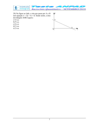 7
20) Na figura ao lado, a reta que passa por A e B
tem equação + 3 − 6 = 0. Sendo assim, a área
do triângulo AOB é igual a
) 12 u.a.
b) 9 u.a.
c) 6 u.a.
d) 3 u.a.
e) 2 u.a.
 