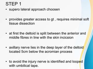 STEP 1
• supero lateral approach choosen
• provides greater access to gt , requires minimal soft
tissue dissection
• at first the deltoid is split between the anterior and
middle fibres in line with the skin incicsion
• axillary nerve lies in the deep layer of the deltoid
located 5cm below the acromian process
• to avoid the injury nerve is identified and looped
with umbilical tape.
 