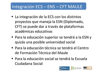 Integración ECS – ENS – CFT MAULE 
• La integración de la ECS con los distintos 
proyectos que maneja la ESN (Diplomado, 
CFT) se puede dar a través de plataformas 
académicas educativas 
• Para la educación superior se tendrá a la ESN y 
quizás una posible universidad social 
• Para la educación técnica se tendrá el Centro 
de Formación Técnica del Maule 
• Para la educación social se tendrá la Escuela 
Ciudadana Social 
 
