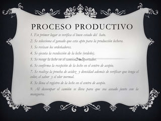 PROCESO PRODUCTIVO
1. En primer lugar se verifica el buen estado del hato.
2. Se selecciona el ganado que esta apto para la producción lechera.
3. Se revisan los ordeñadores.
4. Se ejecuta la recolección de la leche (ordeño).
5. Se recoge la leche en el camión transportador.
6. Se confirma la recepción de la leche en el centro de acopio.
7. Se realiza la prueba de acidez y densidad además de verificar que tenga el
color, el sabor y el olor normal.
8. Se llena el registro de la leche en el centro de acopio.
9. Al desocupar el camión se lleva para que sea aseado junto con la
manguera.
 