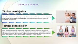 Técnicas de relajación
Son las diferentes modalidades de lograr un estado de reposo tanto físico como mental en la madre,
con la finalidad de hacerle ahorrar energía, lograr alivio de tensiones o molestias y mejorar su
capacidad de concentración.
Técnicas de respiración
Son las diferentes modalidades de efectuar la oxigenación pulmonar, la que a su vez mejora la
oxigenación celular en la madre y el bebé, dependiendo del momento y la necesidad de la gestante
o parturienta, con lo cual logrará también mayor comodidad, tranquilidad, facilitando la relajación y
control de las molestias propias de cada fase de la gestación o trabajo de parto.
MÉTODOS Y TÉCNICAS
 