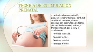 TECNICA DE ESTIMULACION
PRENATAL
• La finalidad de estimulación
prenatal es lograr la mayor cantidad
de sinapsis neuronal, esto se
consigue con estímulos agradables,
por medio de sonidos, música, a
través de la piel, por la luz y el
movimiento.
• Técnicas auditivas
• Técnicas táctiles
• Técnicas visuales
• Técnicas motora
 
