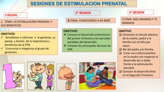 SESIONES DE ESTIMULACION PRENATAL
1ºSESION
OBJETIVOS
 Sensibilizar e informar a la gestante, su
pareja y familia de la importancia y
beneficios de la EPN.
 Conocerse e integrarse al grupo de
gestantes.
1. TEMA: LA ESTIMULACIÓN PRENATAL Y
SUS BENEFICIOS
2º SESION
2.TEMA: CONOCIENDO A MI BEBÉ
OBJETIVOS
 Conocer el desarrollo embrionario
del primer trimestre y los periodos
sensibles del desarrollo.
 Conocer las principales técnicas de
EPN.
3º SESION
3.TEMA: NOS AMAMOS Y TE
AMAMOS
OBJETIVO
 Fomentar el vínculo afectivo
de la madre, padre y la
familia con el niño por
nacer.
 Rol del padre y/o familia.
 Crear una cultura positiva
en la madre con respecto al
desarrollo de su bebe
frente a la estimulación
prenatal.
 Conocer el desarrollo fetal
en el Segundo Trimestre.
 