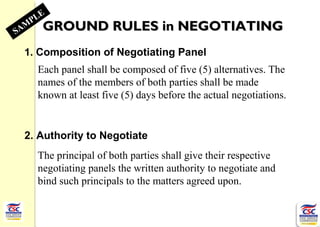 1. Composition of Negotiating Panel
Each panel shall be composed of five (5) alternatives. The
names of the members of both parties shall be made
known at least five (5) days before the actual negotiations.
2. Authority to Negotiate
The principal of both parties shall give their respective
negotiating panels the written authority to negotiate and
bind such principals to the matters agreed upon.
GROUND RULES in NEGOTIATINGGROUND RULES in NEGOTIATINGSAM
PLE
 