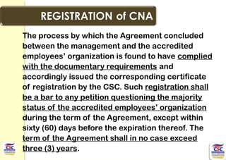 The process by which the Agreement concluded
between the management and the accredited
employees’ organization is found to have complied
with the documentary requirements and
accordingly issued the corresponding certificate
of registration by the CSC. Such registration shall
be a bar to any petition questioning the majority
status of the accredited employees’ organization
during the term of the Agreement, except within
sixty (60) days before the expiration thereof. The
term of the Agreement shall in no case exceed
three (3) years.
 