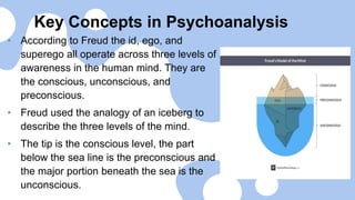 Key Concepts in Psychoanalysis
• According to Freud the id, ego, and
superego all operate across three levels of
awareness in the human mind. They are
the conscious, unconscious, and
preconscious.
• Freud used the analogy of an iceberg to
describe the three levels of the mind.
• The tip is the conscious level, the part
below the sea line is the preconscious and
the major portion beneath the sea is the
unconscious.
 
