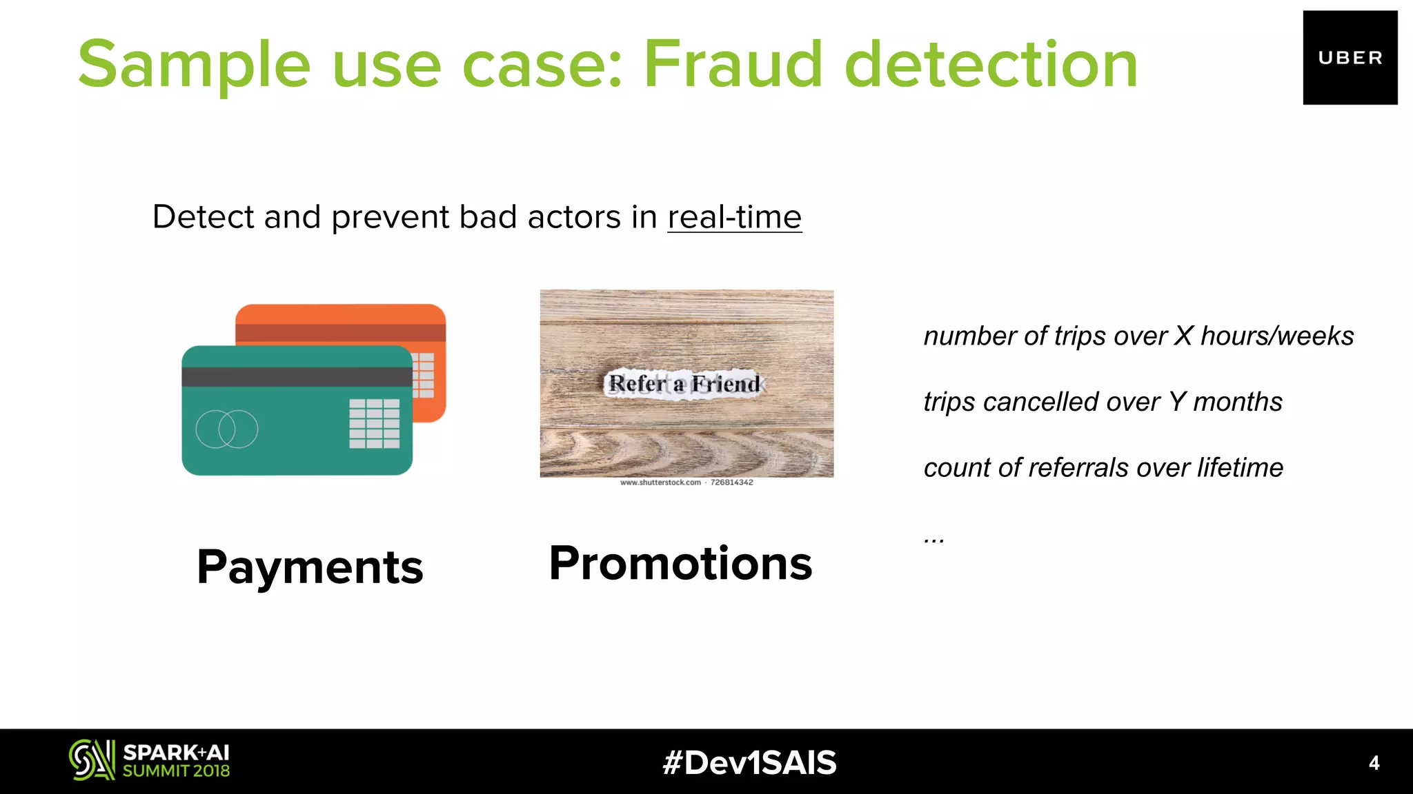 #Dev1SAIS Promotions Detect and prevent bad actors in real-time number of trips over X hours/weeks trips cancelled over Y months count of referrals over lifetime ... 4 Payments Sample use case: Fraud detection 