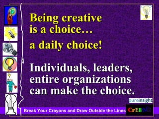 Being creative is a choice… a daily choice! Individuals, leaders, entire organizations can make the choice. 
