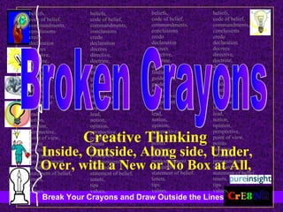 beliefs, code of belief,  commandments,  conclusions credo declaration decrees directive,  doctrine,  dogma finding guidelines, guides,  ideals,  imperative,  judgement laws,  lead,  notion, opinion, perspective, point of view, points position, principles,  pronouncement standards,  statement of belief,  tenets,  tips  values,  beliefs, code of belief,  commandments,  conclusions credo declaration decrees directive,  doctrine,  dogma finding guidelines, guides,  ideals,  imperative,  judgement laws,  lead,  notion, opinion, perspective, point of view, points position, principles,  pronouncement standards,  statement of belief,  tenets,  tips  values,  beliefs, code of belief,  commandments,  conclusions credo declaration decrees directive,  doctrine,  dogma finding guidelines, guides,  ideals,  imperative,  judgement laws,  lead,  notion, opinion, perspective, point of view, points position, principles,  pronouncement standards,  statement of belief,  tenets,  tips  values,  beliefs, code of belief,  commandments,  conclusions credo declaration decrees directive,  doctrine,  dogma finding guidelines, guides,  ideals,  imperative,  judgement laws,  lead,  notion, opinion, perspective, point of view, points position, principles,  pronouncement standards,  statement of belief,  tenets,  tips  values,  Broken Crayons Broken Crayons Creative Thinking  Inside, Outside, Along side, Under, Over, with a New or No Box at All,   