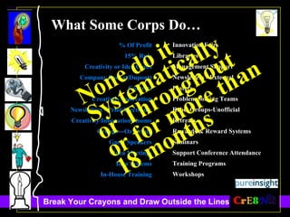 % Of Profit 15% Rule Creativity or Idea Clubs Company Books (Dupont) Contests Creativity/Innovation Newsletters - Print/Electronic Creativity/Innovation Rooms Groups---Oz Group Guest Speakers Idea Meetings Idea Systems In-House Training Innovation Fairs Libraries Management Support Newsletters - External Posters Problem Solving Teams Rebel Groups-Unofficial Retreats Rewards & Reward Systems Seminars Support Conference Attendance Training Programs Workshops What Some Corps Do… None do it  Systematically or Throughout or for more than 18 months 