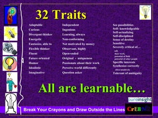 32 Traits See possibilities Self- knowledgeable Self-actualizing Self-disciplined Sense of destiny Sensitive Severely critical of… self,  their work,  potential of field  potential of other people Specific interests Synthesize correctly  often intuitively Tolerant of ambiguity Adaptable Curious Divergent thinker Energetic Fantasize, able to Flexible thinker Fluent Future oriented Humor Idealistic Imaginative Independent Ingenious Learning, always Non-conforming Not motivated by money Observant, highly Open-ended Original  -  uniqueness Passionate about their work Perceive world differently Question asker All are learnable… 