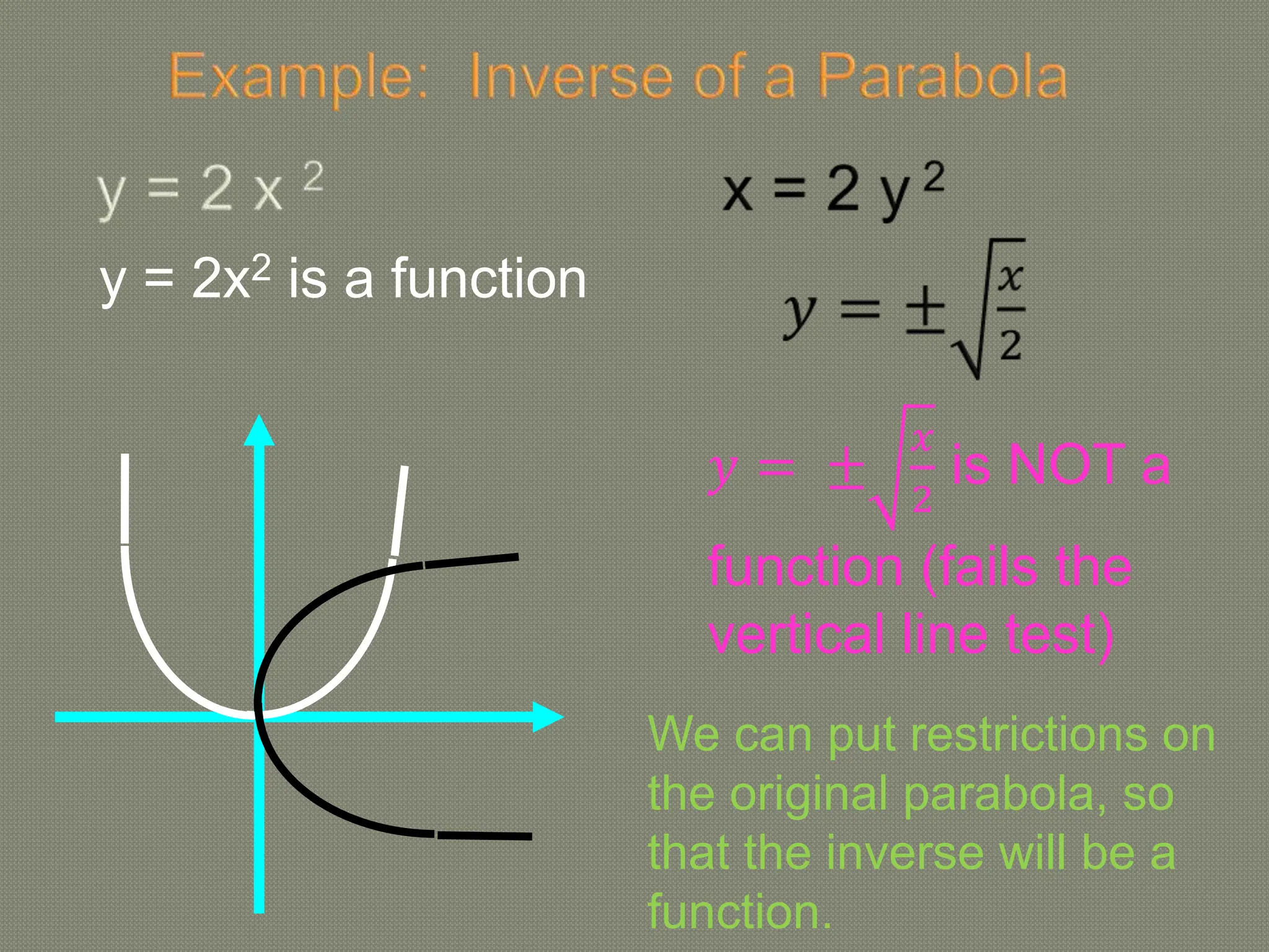 y = 2x2 is a function
𝑦 = ±
𝑥
2
is NOT a
function (fails the
vertical line test)
We can put restrictions on
the original parabola, so
that the inverse will be a
function.
 