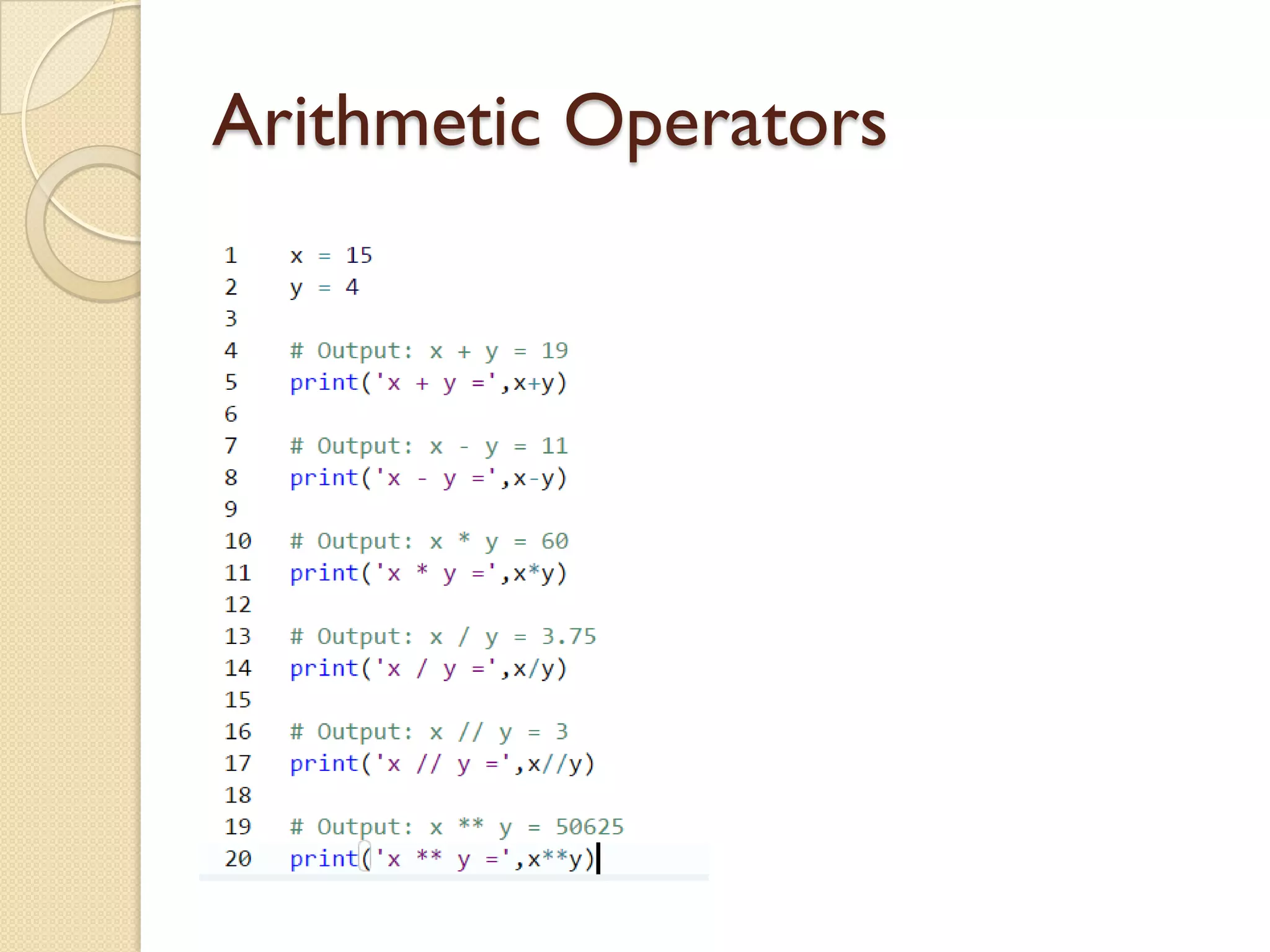 Arithmetic Operators
 