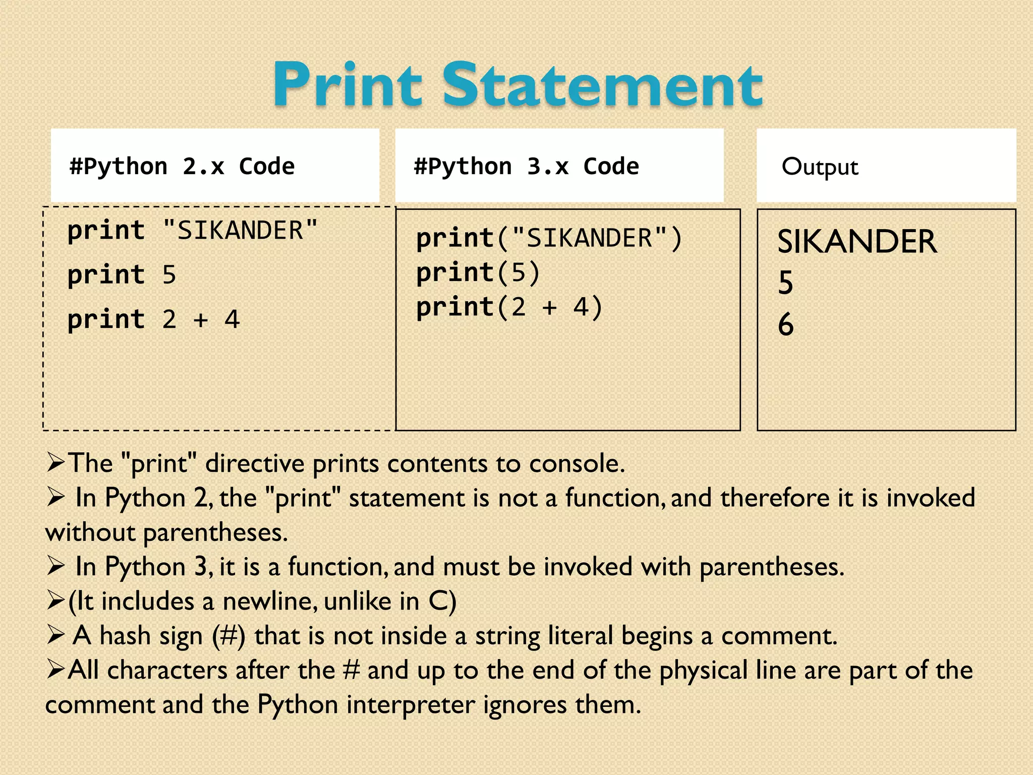 Print Statement
#Python 2.x Code #Python 3.x Code
print "SIKANDER"
print 5
print 2 + 4
SIKANDER
5
6
The "print" directive prints contents to console.
 In Python 2, the "print" statement is not a function,and therefore it is invoked
without parentheses.
 In Python 3, it is a function, and must be invoked with parentheses.
(It includes a newline, unlike in C)
 A hash sign (#) that is not inside a string literal begins a comment.
All characters after the # and up to the end of the physical line are part of the
comment and the Python interpreter ignores them.
print("SIKANDER")
print(5)
print(2 + 4)
Output
 