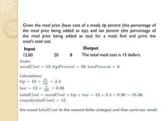Given the meal price (base cost of a meal), tip percent (the percentage of
the meal price being added as tip), and tax percent (the percentage of
the meal price being added as tax) for a meal, find and print the
meal's total cost.
Input
12.00 20 8
Output
The total meal cost is 15 dollars.
 