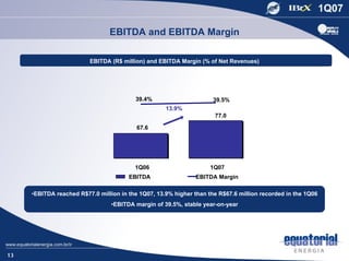 EBITDA and EBITDA Margin

                         EBITDA (R$ million) and EBITDA Margin (% of Net Revenues)




                                         39.4%                       39.5%
                                                    13.9%
                                                                     77.0

                                          67.6




                                         1Q06                       1Q07
                                       EBITDA                 EBITDA Margin

     •EBITDA reached R$77.0 million in the 1Q07, 13.9% higher than the R$67.6 million recorded in the 1Q06
                                 •EBITDA margin of 39.5%, stable year-on-year




13
 