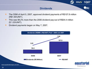 Dividends

     The OSM of April 5, 2007, approved dividend payments of R$107.8 million
     (R$1.64/UNIT).
     This was 98.2% more than the 2006 dividend pay-out of R$54.4 million
     ($ 1.03/UNIT).
     Dividend payments began on May 7, 2007.


                        Dividends (R$MM e R$/UNIT) Paid - 2006 and 2007

                                                              1.64

                                                               107.8
                            1.03


                              54.4



                             05/06                            06/07

                       Dividends (R$ Million)                         R$/UNIT




23
 