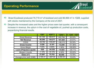 Operating Performance


  Brasil Ecodiesel produced 70,719 m³ of biodiesel and sold 86,968 m³ in 1Q08, supplied
  with stocks maintained by the Company at the end of 2007.
  Despite the increased sales and the higher prices seen last quarter, with a consequent
  increase in revenue, the upturn in the cost of vegetable oil, pushed up production costs,
  jeopardizing financial results.

                                         1Q07     4Q07(*)    1Q08(*)   % 1Q08 / 4Q07
               Gross Revenue           61,130    160,517     202,794       26.33%
                Net Revenue            48,290    134,277     167,264       24.57%
                   COGS                -44,762   -139,457   -180,313       29.30%
               Gross Income             3,528      -5,181    -13,049      151.86%
                Gross Margin            7.30%     -3.90%     -7.80%       100.00%
          Lucro (Prejuízo) Líquido       -526     -24,352    -14,925      -38.71%
              Margem Líquida           -1.10%    -18.10%     -8.90%       -50.83%
                 Sales (m³)            27,697     75,763      86,968       14.79%
          Average price (with ICMS)   2,165.31   1,967.00   2,290.20       16.43%
 